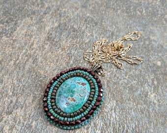 Nevada Variscite Pendant, Turquoise Pendant, Blue Stone Pendant, Blue Pendant, Bead Embroidery Pendant