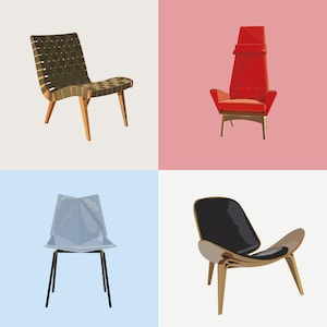 May include: A four-panel grid featuring four distinct chairs: a brown woven strap chair with wooden legs, a tall red upholstered chair with wooden legs, a light blue geometric plastic chair with black legs, and a black curved shell chair with wooden legs.
