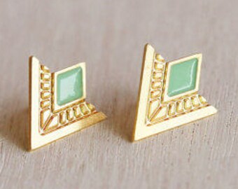 Egyptian Triangle Earrings, Gold Stud Earrings, Green Gold Earrings, Egyptian Stud Earrings, Gold Triangle Earrings, Stud Earrings For Women