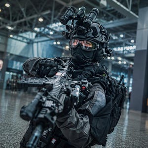 May include: A tactical costume featuring a black helmet with mounted night vision goggles, protective eyewear, and a face mask. The outfit includes a black tactical vest, gloves, and a rifle accessory held in a firing position with attachments.