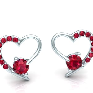 Diamond Ruby Earrings Solid Gold Heart Shaped Stud