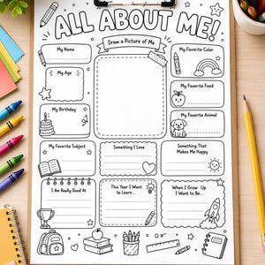 Può includere: Un foglio di lavoro stampabile in bianco e nero intitolato ALL ABOUT ME! con sezioni per dettagli personali come nome, età, compleanno, colore, cibo e animale preferiti, oltre a spazi per interessi, obiettivi e aspirazioni decorati con icone.