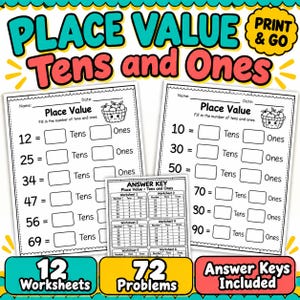 Peut inclure: Fiches d'exercices de mathématiques intitulées Place Value Tens and Ones comprenant deux pages d'exercices et un corrigé. Les pages incluent des problèmes pour remplir les dizaines et les unités pour des nombres comme 12, 25, 34, 47, 56, 69, 10, 30, 50, 70, 80 et 90.