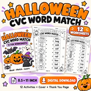 Peut inclure: Un ensemble de 12 fiches d'exercices Halloween CVC word match en téléchargement numérique. Les pages présentent des illustrations en noir et blanc de citrouilles, fantômes, chauves-souris et chats, avec des exercices de correspondance de mots.
