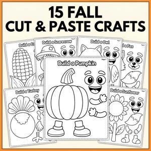 Peut inclure: Une collection de feuilles d'activités imprimables en noir et blanc intitulée 15 FALL CUT & PASTE CRAFTS. Chaque page présente des contours pour construire des personnages comme une citrouille, une dinde, un tournesol, un épouvantail, un hibou, un renard et du maïs.
