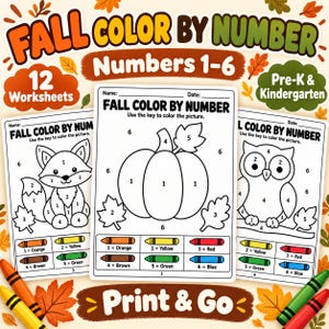 Fall Color by Number Worksheets: 12 Autumn Coloring Pages (PDF Download)