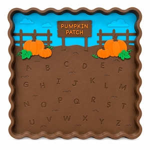 May include: A square brown tray with a wavy edge featuring a pumpkin patch scene. The design includes orange pumpkins, a brown fence, a blue sky with clouds, and a sign reading PUMPKIN PATCH. The brown base displays the alphabet letters A through Z.