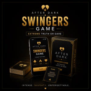 Puede incluir: Un juego de cartas negro y dorado titulado After Dark Swingers Game Extreme Truth or Dare. El set incluye una baraja de cartas, una caja con letras doradas y un smartphone que muestra la interfaz del juego con opciones de Truth, Dare y Drink.