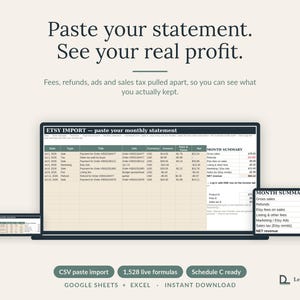 May include: A digital spreadsheet tool for Etsy sellers featuring the text Paste your statement. See your real profit. The interface displays an Etsy import table with columns for date, type, title, info, currency, amount, fees, and net revenue.