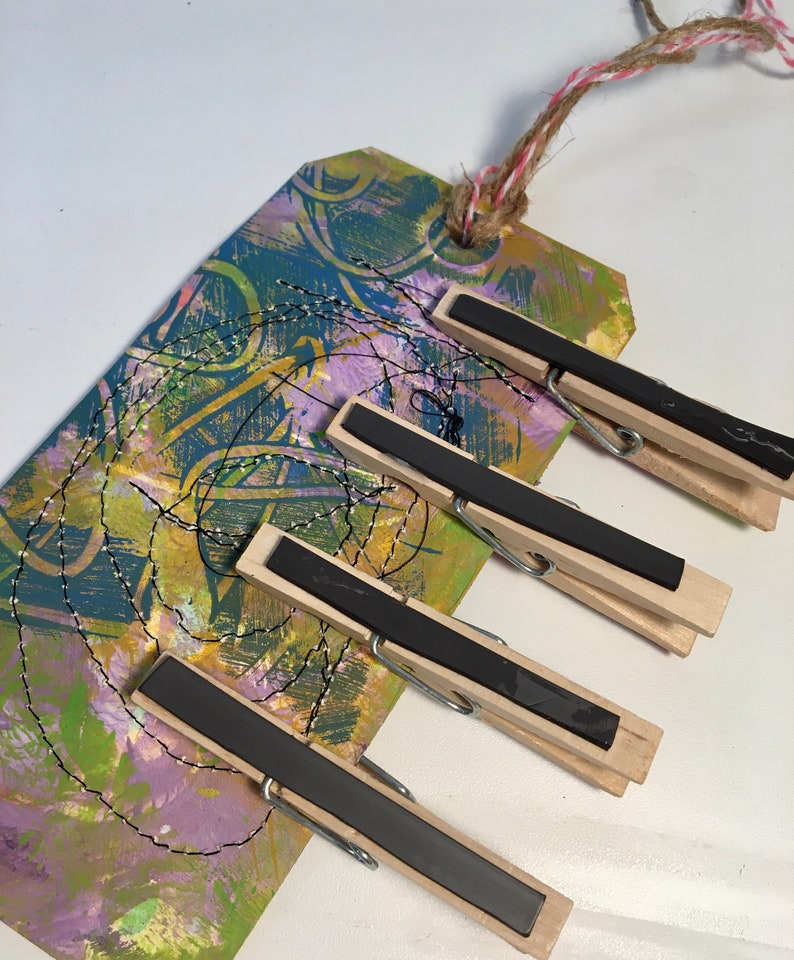 Altered Clothespins-Junk Jewelry-Handmade Journal Clips Magnetic Clips Memo Clips-4 Decorative Clothespins attached to a Fun Tag