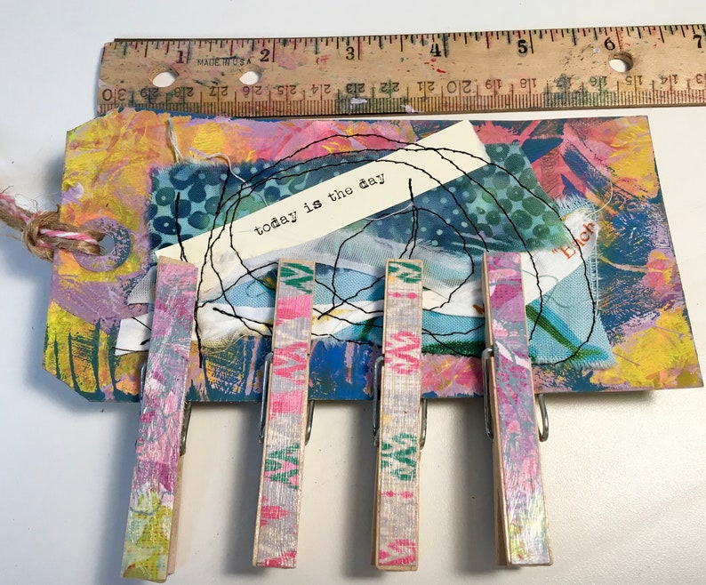 Altered Clothespins-Junk Jewelry-Handmade Journal Clips Magnetic Clips Memo Clips-4 Decorative Clothespins attached to a Fun Tag
