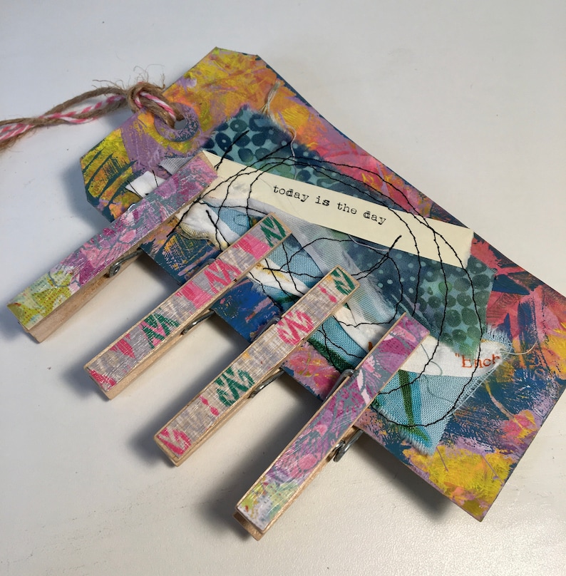 Altered Clothespins-Junk Jewelry-Handmade Journal Clips Magnetic Clips Memo Clips-4 Decorative Clothespins attached to a Fun Tag
