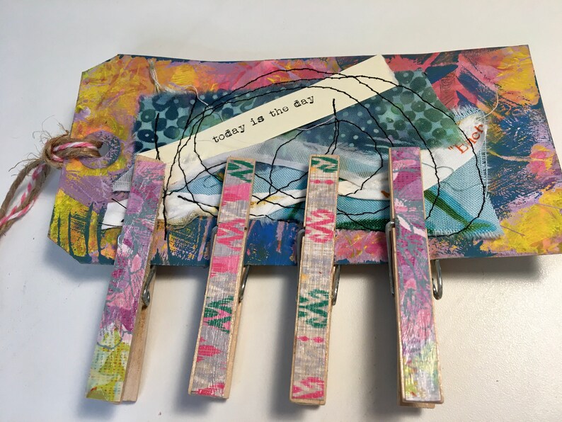Altered Clothespins-Junk Jewelry-Handmade Journal Clips Magnetic Clips Memo Clips-4 Decorative Clothespins attached to a Fun Tag