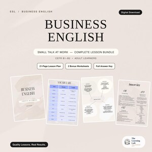 May include: A digital download Business English lesson bundle for adult learners, featuring a 21-page lesson plan, two bonus worksheets, and a full answer key. The materials include vocabulary tables, discussion questions, and reading comprehension tasks.