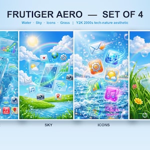 Frutiger Aero Poster Set of 4, Y2K Aesthetic Wall Art, 2000s Nostalgia Tech Nature, Cloudcore Dreamcore Room Decor, Digital Download