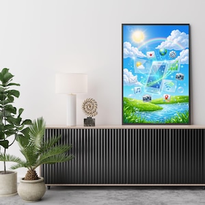 Puede incluir: Una impresión de arte mural enmarcada que presenta una ilustración digital de un teléfono inteligente rodeado de iconos de aplicaciones flotantes, un sol brillante, nubes y un arco iris sobre un paisaje verde con un río azul.