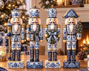 May include: Four nutcracker figurines featuring a blue and white floral pattern reminiscent of porcelain. Each figure wears a uniform with gold accents, a white beard, and stands on a rectangular base decorated with blue and white floral motifs.
