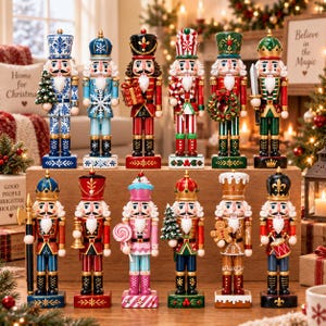 Christmas Nutcracker Wood Block, Toy Soldier King Candyland Figurine, Holiday Tiered Tray Mantel Decor, Freestanding Wooden Shelf Sitter