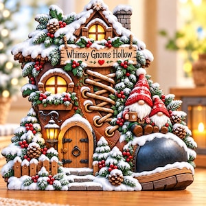 Gnome Boot House Shelf Sitter, Whimsy Gnome Hollow Winter Diorama, Christmas Mantel Tabletop Decor, 2D Flat Wood Cutout Sign
