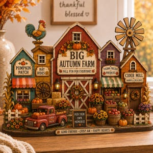 Könnte beinhalten: Eine dekorative Tischdekoration der Big Autumn Farm mit einer roten Scheune, einer Windmühle, einem Kürbisfeld und einer Apfelweinmühle. Die Szene umfasst einen roten Pickup, Heuballen, Kürbisse, Sonnenblumen und Schilder mit der Aufschrift Big Autumn Farm, Pick Your Own Memories und Good Friends Crisp Air Happy Hearts.