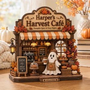 Op de afbeelding: Een houten miniatuurweergave van Harper's Harvest Café met een spookfiguur in een schort, een oranje en wit gestreepte luifel, herfstbladdecoraties, een koffiemachine en borden met de tekst Latte Pie Sweet Treats en Coffee Good Days Start Here.