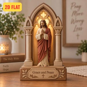 Upplyst Jesus- och Maria-altare i träkloss, katolsk gotisk bågestaty, kristen bönealtare i hemmet, snidad nattlampa i trä