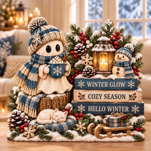 May include: A decorative winter figurine featuring a ghost wearing a blue and white knit hat and scarf, holding a mug. Beside it are a lantern, a small snowman, a sleeping cat, and a stack of books labeled WINTER GLOW, COZY SEASON, and HELLO WINTER.