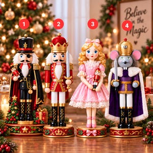 May include: Four decorative nutcracker figurines standing on circular bases. The first is a black-clad soldier with an eyepatch, the second a red king with a sword, the third a girl in a pink dress, and the fourth a mouse king in a purple cape.
