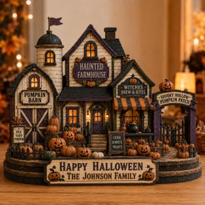 May include: A decorative Halloween farmhouse scene featuring a multi-building structure with signs reading Haunted Farmhouse, Pumpkin Barn, Witches Brew & Bites, Spooky Hollow Pumpkin Patch, and Happy Halloween The Johnson Family, with pumpkins.