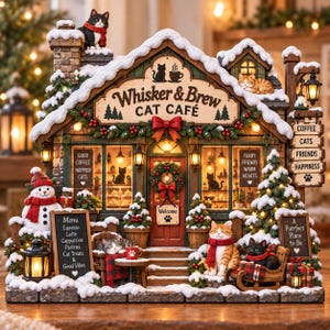 May include: A miniature holiday-themed cat cafe building titled Whisker & Brew Cat Cafe. The structure features snow-covered roofs, a snowman, multiple cats, a menu board, and a hanging sign listing Coffee, Cats, Friends, and Happiness.