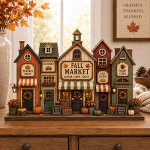 Pode incluir: Uma vila decorativa de mesa com cinco edifícios conectados e placas com temas de outono, incluindo Fall Market, Pumpkin Patch, Hayrides, Cozy Bakery e Warm Cider. A estrutura é adornada com miniaturas de abóboras, guirlandas e caixotes.