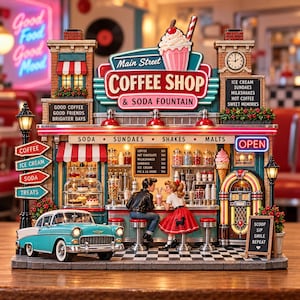 May include: A miniature Main Street Coffee Shop and Soda Fountain building featuring a teal classic car, a jukebox, and two figures at the counter. The sign reads Main Street Coffee Shop & Soda Fountain, with menu boards listing items like coffee and sundaes.