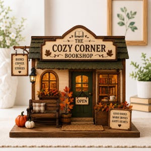 Könnte beinhalten: Ein Miniatur-Buchladen-Modell aus Holz mit dem Titel The Cozy Corner Bookshop, grünem Dach, dunkelgrüner Tür mit Open-Schild, Bank mit kariertem Kissen, zwei Kürbissen sowie Schildern mit der Aufschrift Books Coffee Stories und Good Books Warm Drinks Happy Hearts.