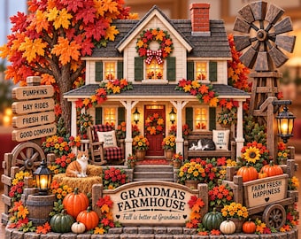 Holzblock „Omas Bauernhaus“, Herbstliches Cottage-Schild mit Windmühle, Kürbis und Katze, Herbstliches Erntedankfest-Geschenk für Oma, 3D-beleuchtetes Diorama mit mehreren Ebenen