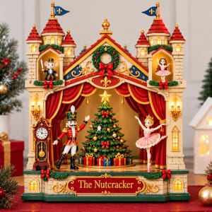 May include: A decorative Nutcracker-themed musical stage featuring a central Christmas tree, a nutcracker figure, and a ballerina. The structure includes red curtains, stone-like towers, a clock, and a sign reading The Nutcracker in gold letters.