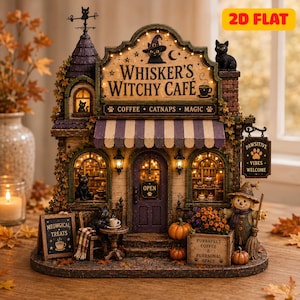 Könnte beinhalten: Ein Miniaturmodell des Whisker's Witchy Cafe mit lila gestreifter Markise, schwarzen Katzenfiguren und beleuchteten Fenstern. Das Schild zeigt Whisker's Witchy Cafe, Coffee, Catnaps, Magic und Pawsitive Vibes Welcome. Enthält eine Vogelscheuchenfigur.