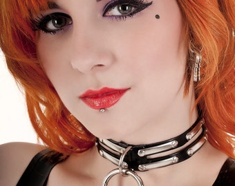 Captivation 2 Band Latex Rubber Collar by Latex Legion with metal plate detail and O-Ring (-- Made to Order --) See Description