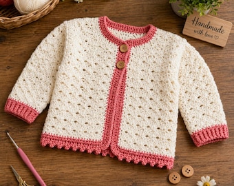 Kids Crochet Cardigan Pattern, Textured Fan Stitch Sweater, Button Front (PDF)