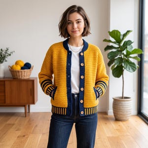 May include: A mustard yellow crochet bomber jacket featuring dark navy blue ribbed trim on the collar, cuffs, and hem. The jacket includes a front button closure with light brown wooden buttons and two side pockets with navy blue accents.