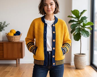 Crochet Varsity Cardigan Pattern | Easy Bomber Jacket Style Crochet Tutorial