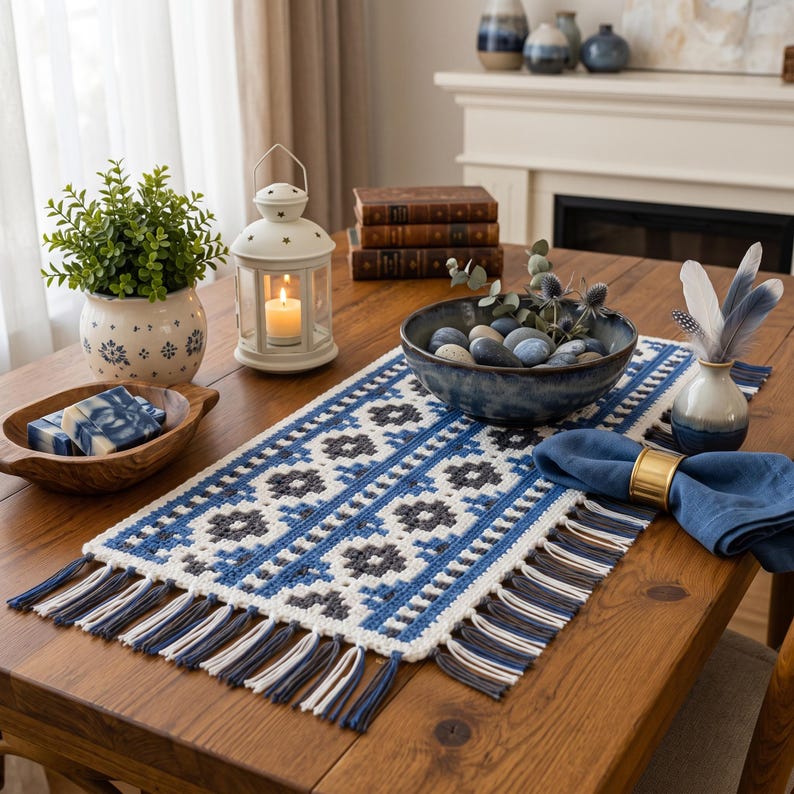 May include: A rectangular crochet table runner featuring a geometric pattern in shades of blue, gray, and white. The runner is finished with long, multi-colored fringe tassels along both short ends, creating a textured and decorative accent piece.