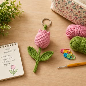 Crochet Tulip Keychain Pattern, Beginner Amigurumi Flower Charm (Digital Download)