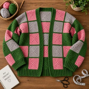 May include: A long-sleeve cardigan made of crocheted granny squares in alternating colors of forest green, light gray, and bright pink. The garment features a solid green ribbed trim along the front opening, cuffs, and bottom hem, with a V-neckline.