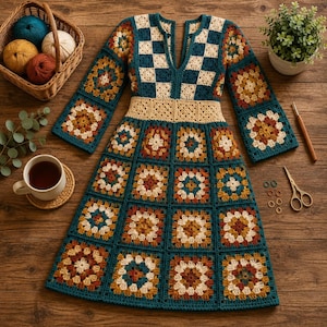 Op de afbeelding: Een jurk met lange mouwen gemaakt van gehaakte granny squares in tinten teal, crème, mosterdgeel en roestoranje. Het kledingstuk heeft een diepe V-hals, een effen crèmekleurige tailleband en een uitlopende rok gemaakt van vierkante motieven.