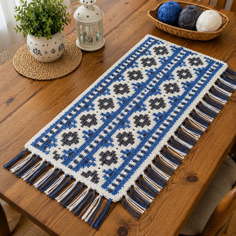 May include: A rectangular crochet table runner featuring a geometric floral pattern in white, blue, and dark gray. The runner is finished with long, multi-colored fringe tassels along both short ends, incorporating white, blue, and dark gray yarn strands.