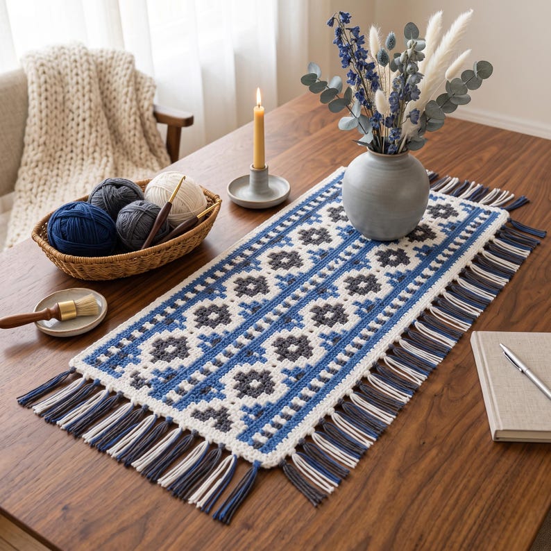 May include: A rectangular crochet table runner featuring a geometric pattern in shades of blue, gray, and white. The runner is finished with long, multi-colored fringe tassels along both short ends, creating a textured border for the piece.