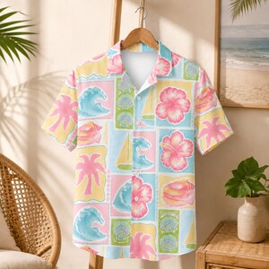 Pastel Patchwork Hawaiian Shirt Pink Hibiscus Tropical Vacation Button Down Coastal Resort Wear
