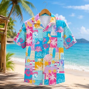 May include: A short-sleeve button-down shirt featuring a vibrant collage print of tropical motifs including pink hibiscus flowers, palm trees, seashells, surfboards, and yellow stars, with the word ALOHA printed in a stylized pink font.
