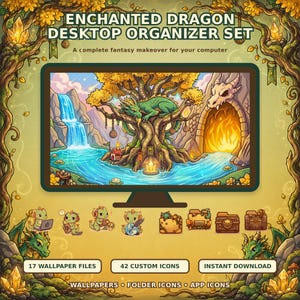 Könnte beinhalten: Enchanted Dragon Desktop Organizer Set mit 17 Hintergrundbildern, 42 benutzerdefinierten Symbolen und App-Icons. Das Display zeigt einen grünen Drachen auf einem Baum, einen Wasserfall und eine Höhle mit Feuer. Text: Enchanted Dragon Desktop Organizer Set.