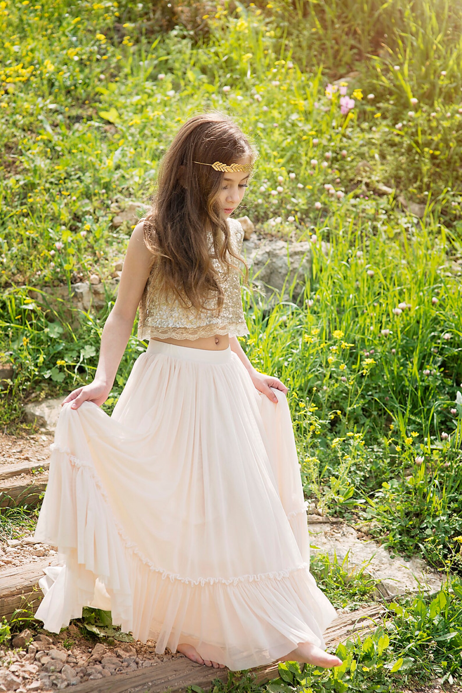 Gold Bohochic Flower Girl Dress Junior Bridesmaid Dress Etsy